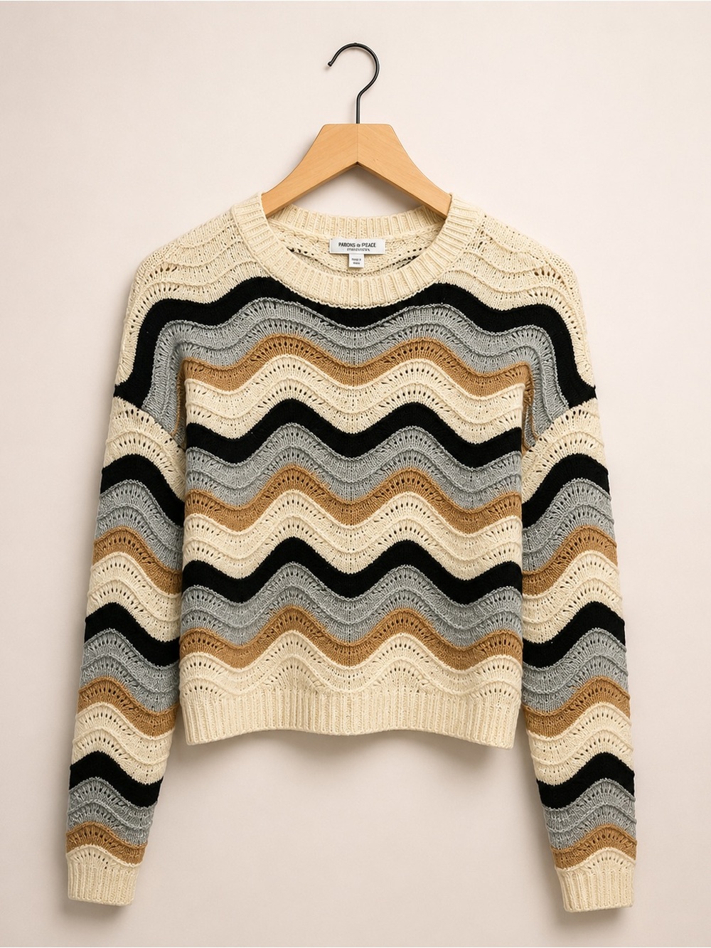 Love Knits NYC Wavy Stripe Crewneck Sweater in Cream, Black & Gray (312)